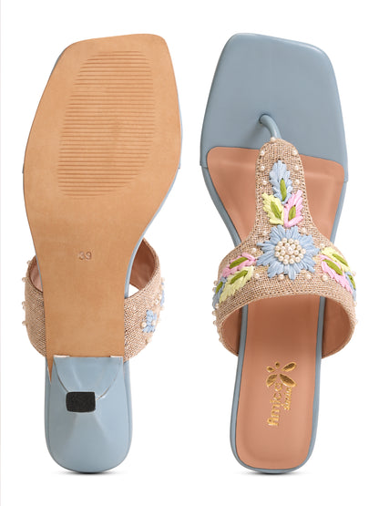 Women’s Blue Embroidered Ethnic Heeled Slip-On Sandals