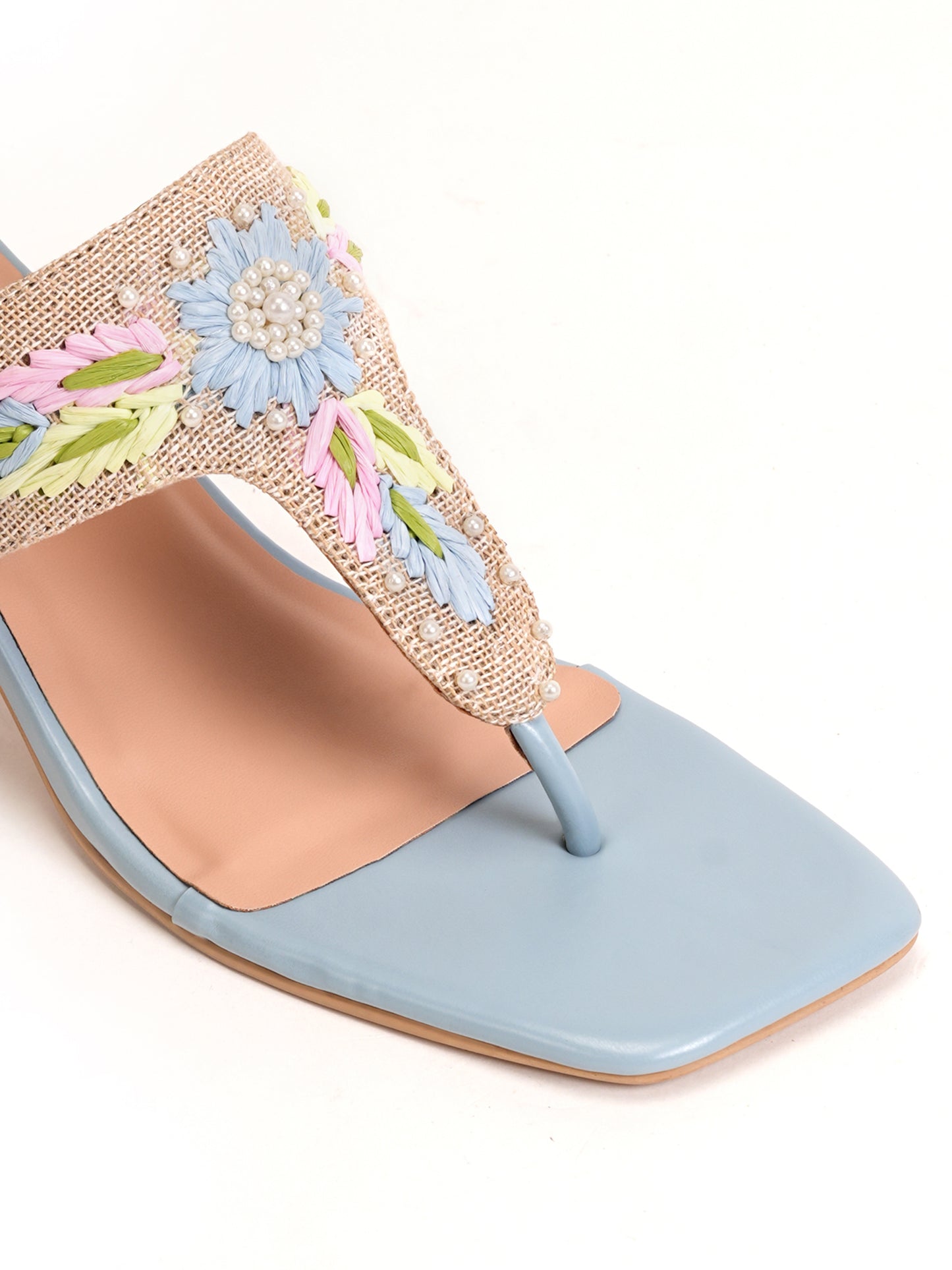 Women’s Blue Embroidered Ethnic Heeled Slip-On Sandals