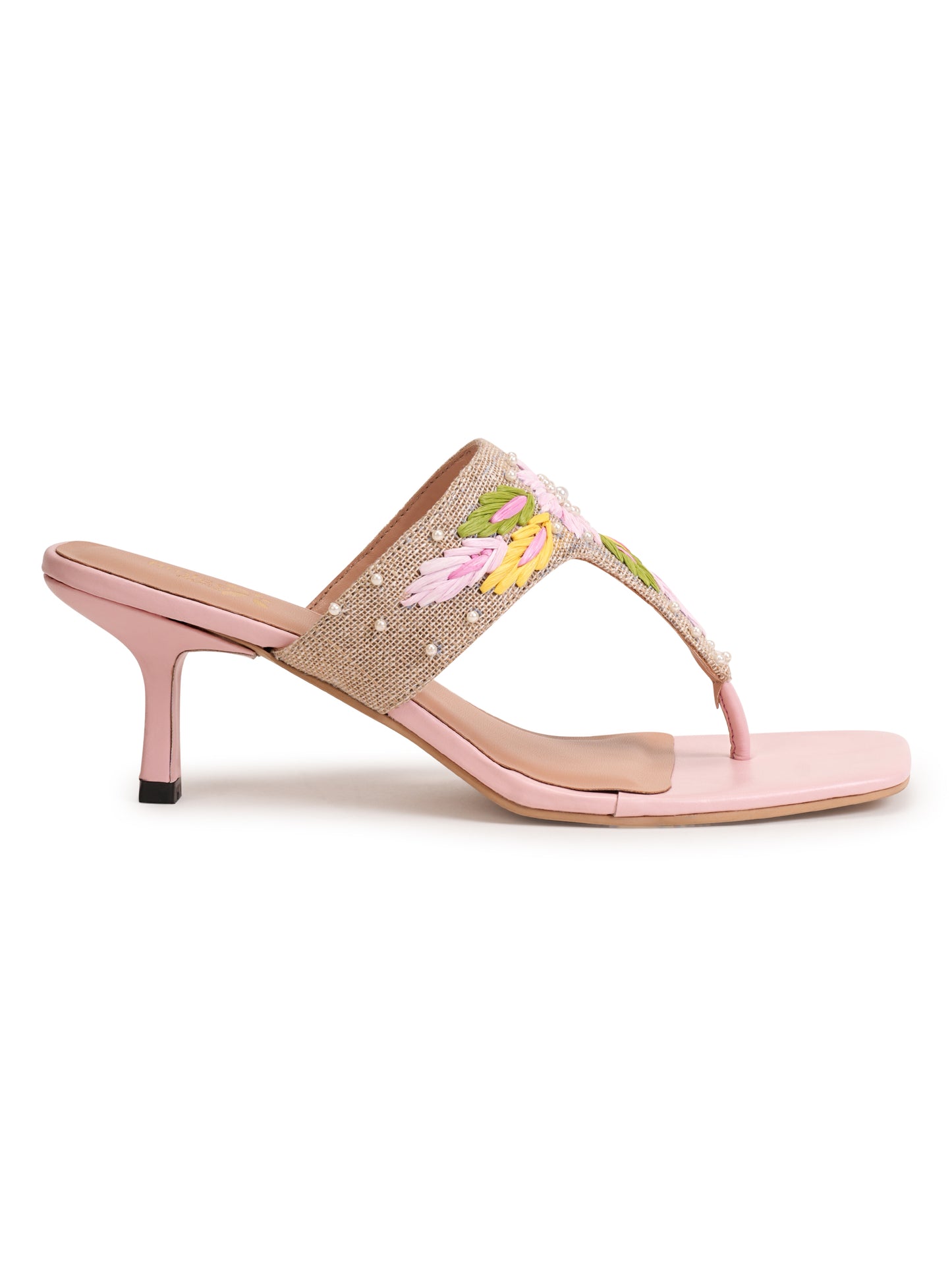 Women’s Pink Embroidered Ethnic Heeled Slip-On Sandals