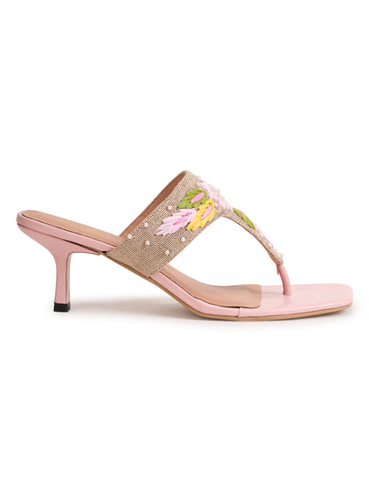 Women’s Pink Embroidered Ethnic Heeled Slip-On Sandals