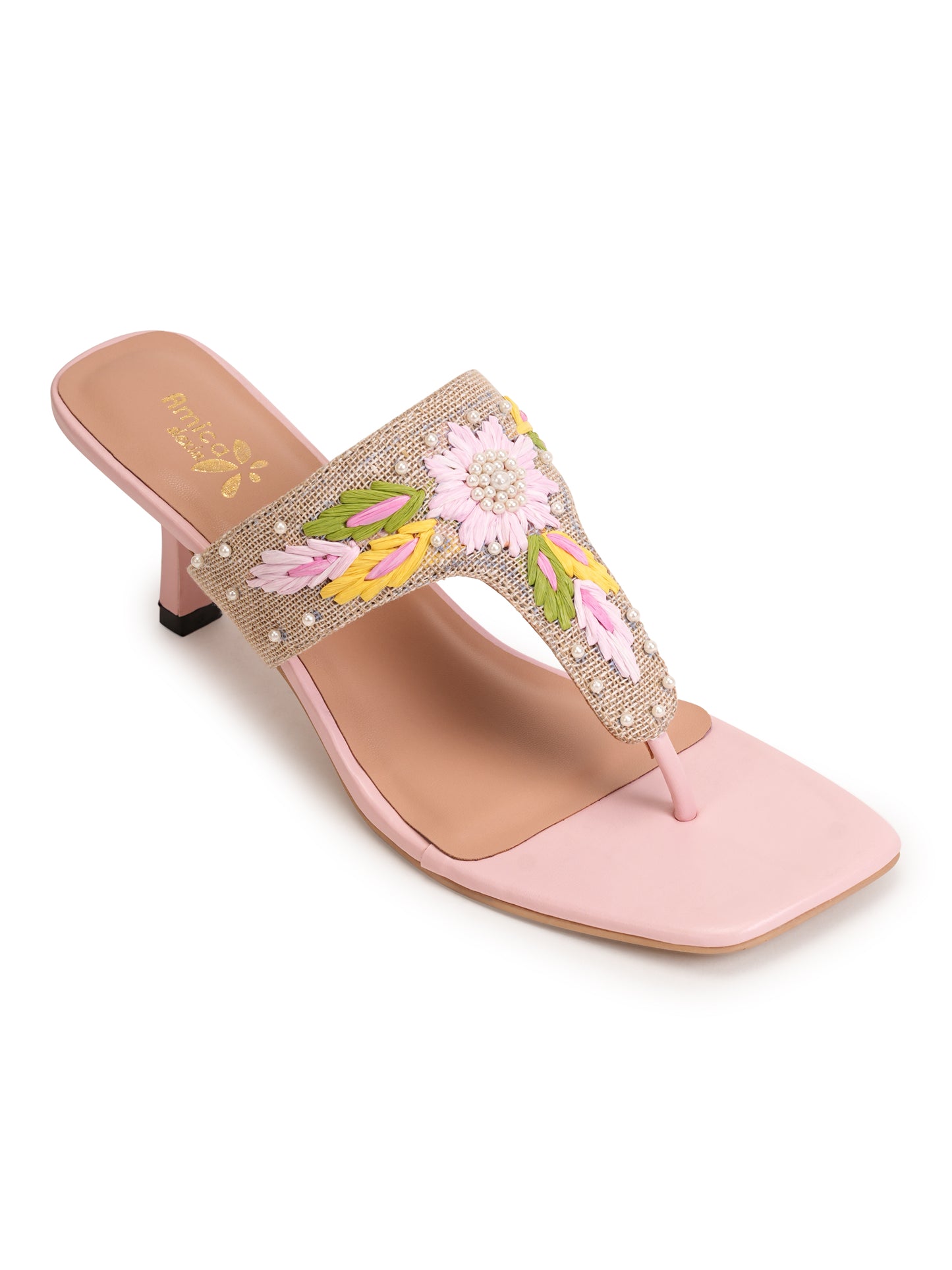 Women’s Pink Embroidered Ethnic Heeled Slip-On Sandals
