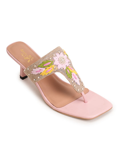 Women’s Pink Embroidered Ethnic Heeled Slip-On Sandals
