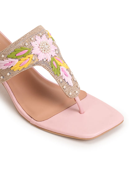 Women’s Pink Embroidered Ethnic Heeled Slip-On Sandals