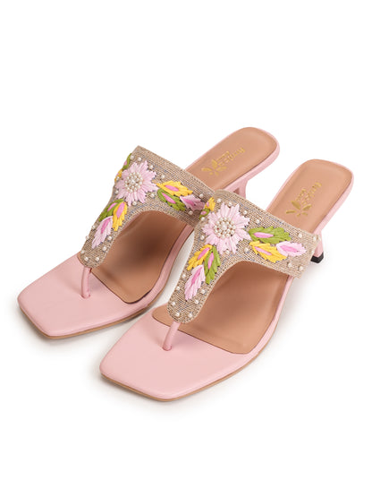 Women’s Pink Embroidered Ethnic Heeled Slip-On Sandals