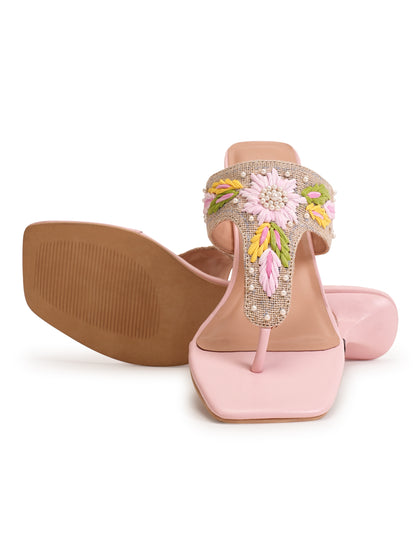 Women’s Pink Embroidered Ethnic Heeled Slip-On Sandals