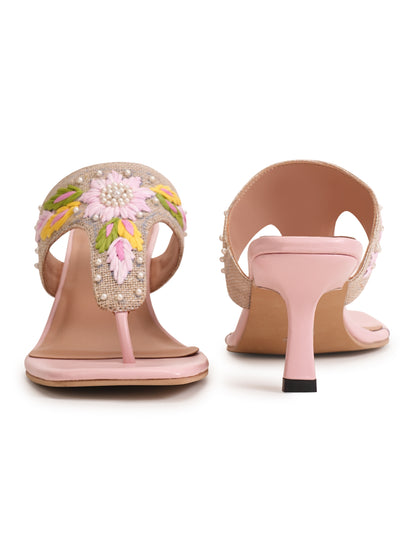 Women’s Pink Embroidered Ethnic Heeled Slip-On Sandals