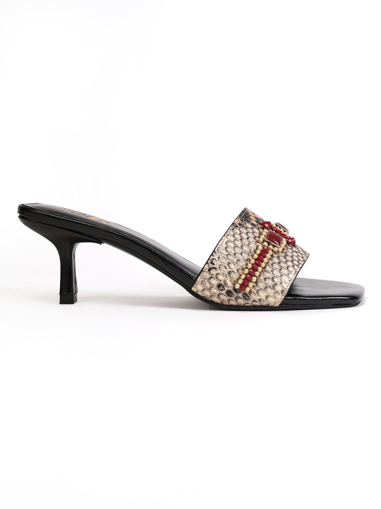 Women’s Red & Beige Snake Print Embellished Flats
