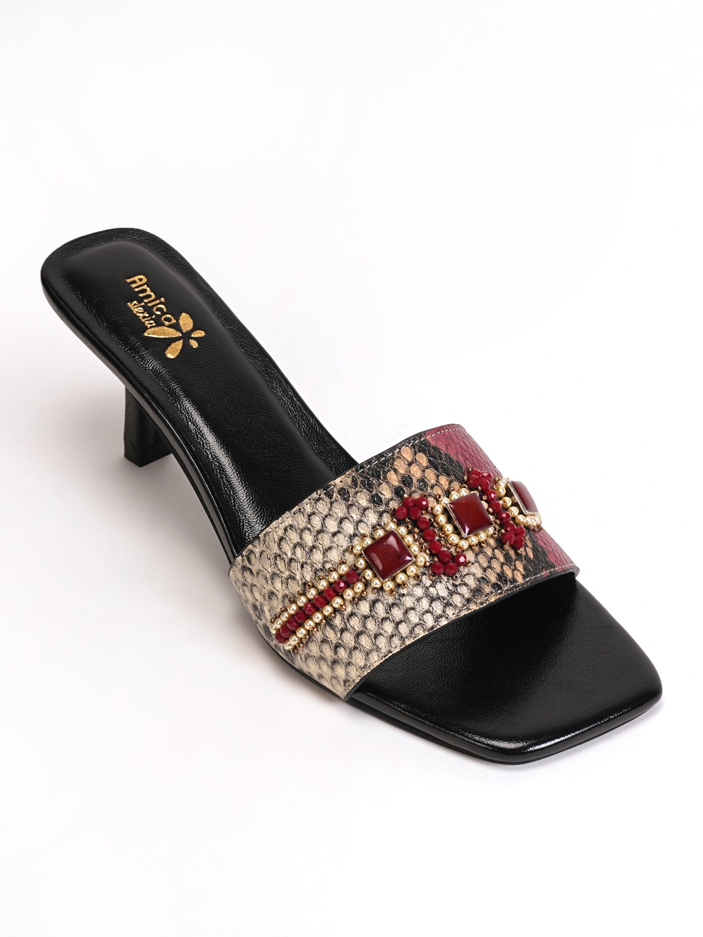 Women’s Red & Beige Snake Print Embellished Flats