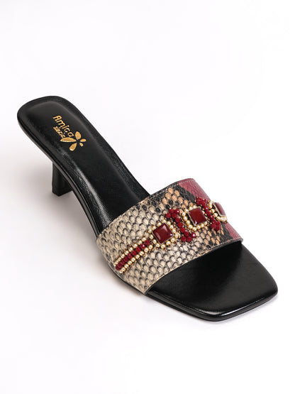 Women’s Red & Beige Snake Print Embellished Flats