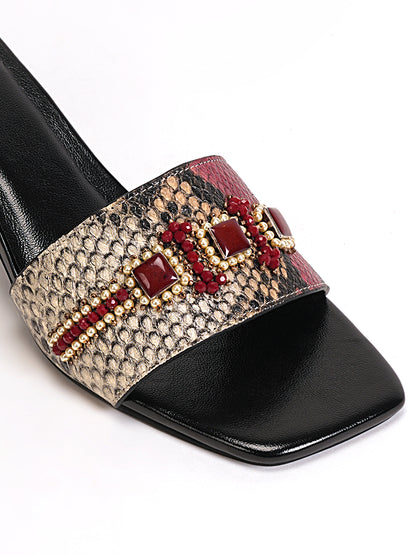 Women’s Red & Beige Snake Print Embellished Flats