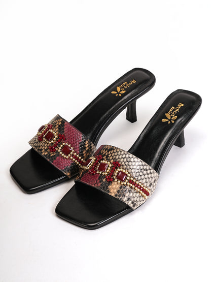 Women’s Red & Beige Snake Print Embellished Flats