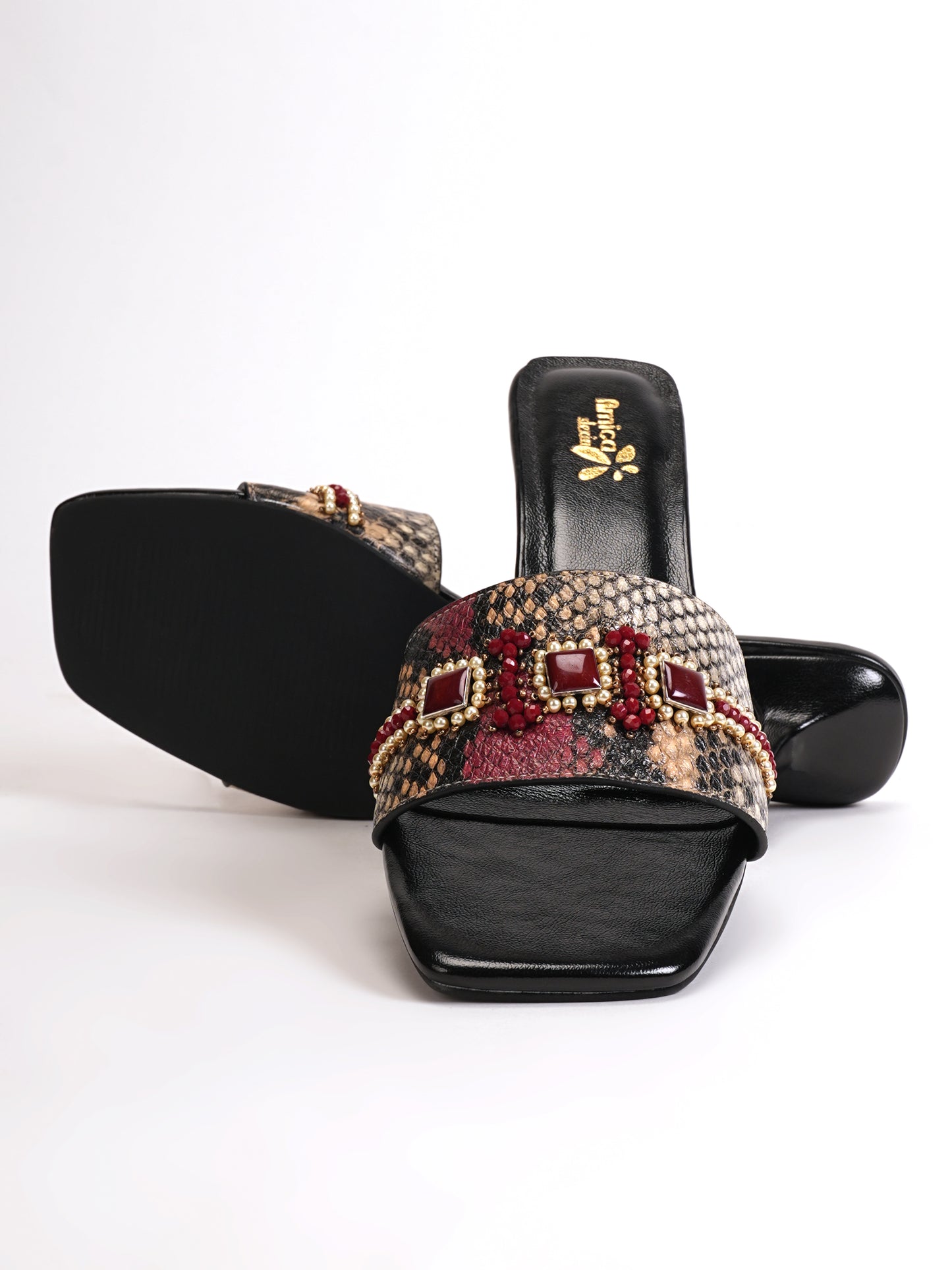 Women’s Red & Beige Snake Print Embellished Flats