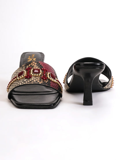 Women’s Red & Beige Snake Print Embellished Flats