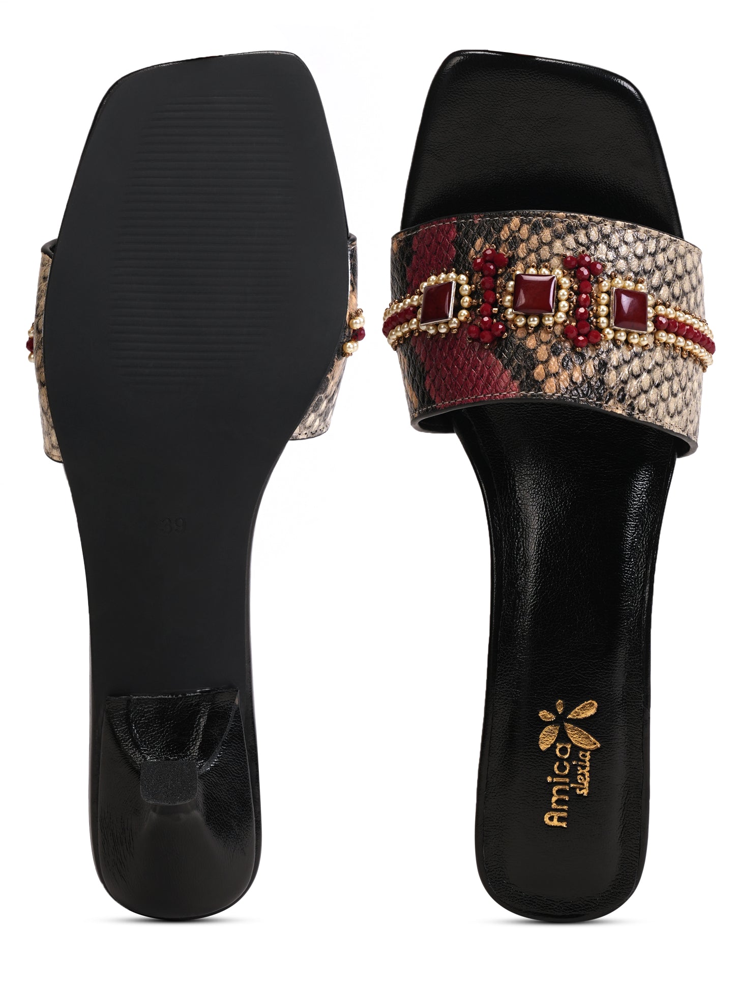 Women’s Red & Beige Snake Print Embellished Flats
