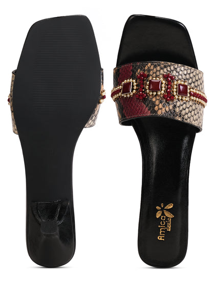 Women’s Red & Beige Snake Print Embellished Flats