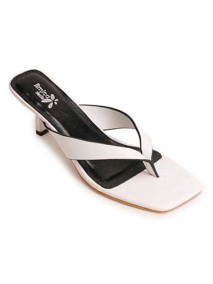 Women’s White Square-Toe Heeled Slip-On Sandals