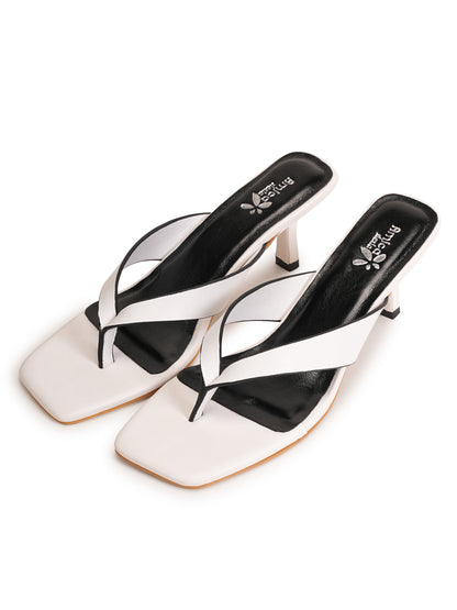 Women’s White Square-Toe Heeled Slip-On Sandals