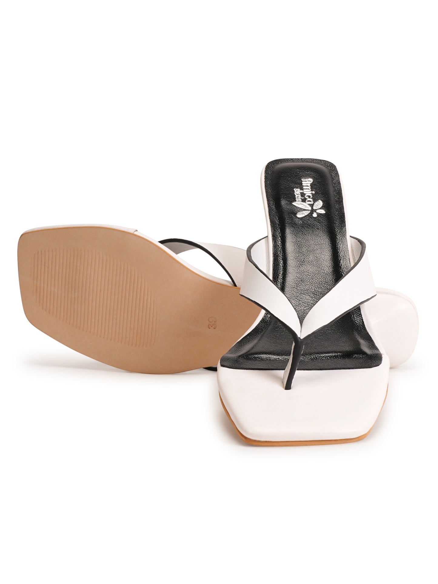 Women’s White Square-Toe Heeled Slip-On Sandals