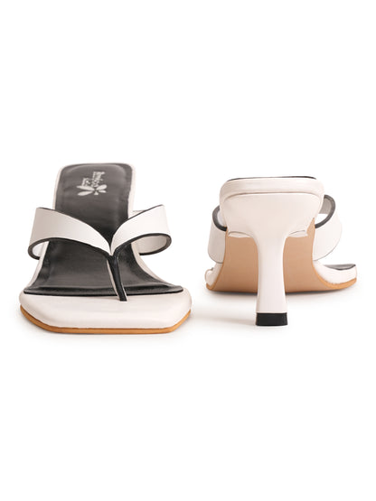 Women’s White Square-Toe Heeled Slip-On Sandals