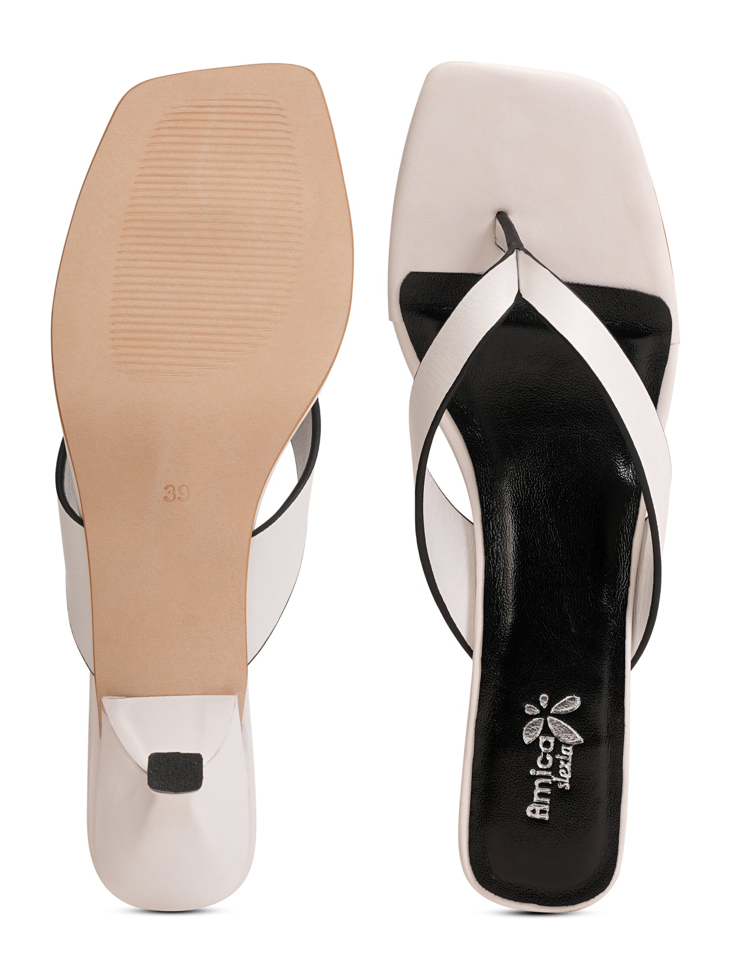 Women’s White Square-Toe Heeled Slip-On Sandals