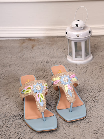 Women’s Blue Embroidered Ethnic Heeled Slip-On Sandals