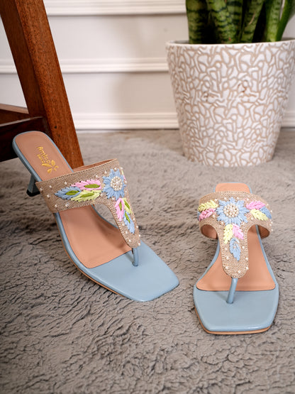 Women’s Blue Embroidered Ethnic Heeled Slip-On Sandals