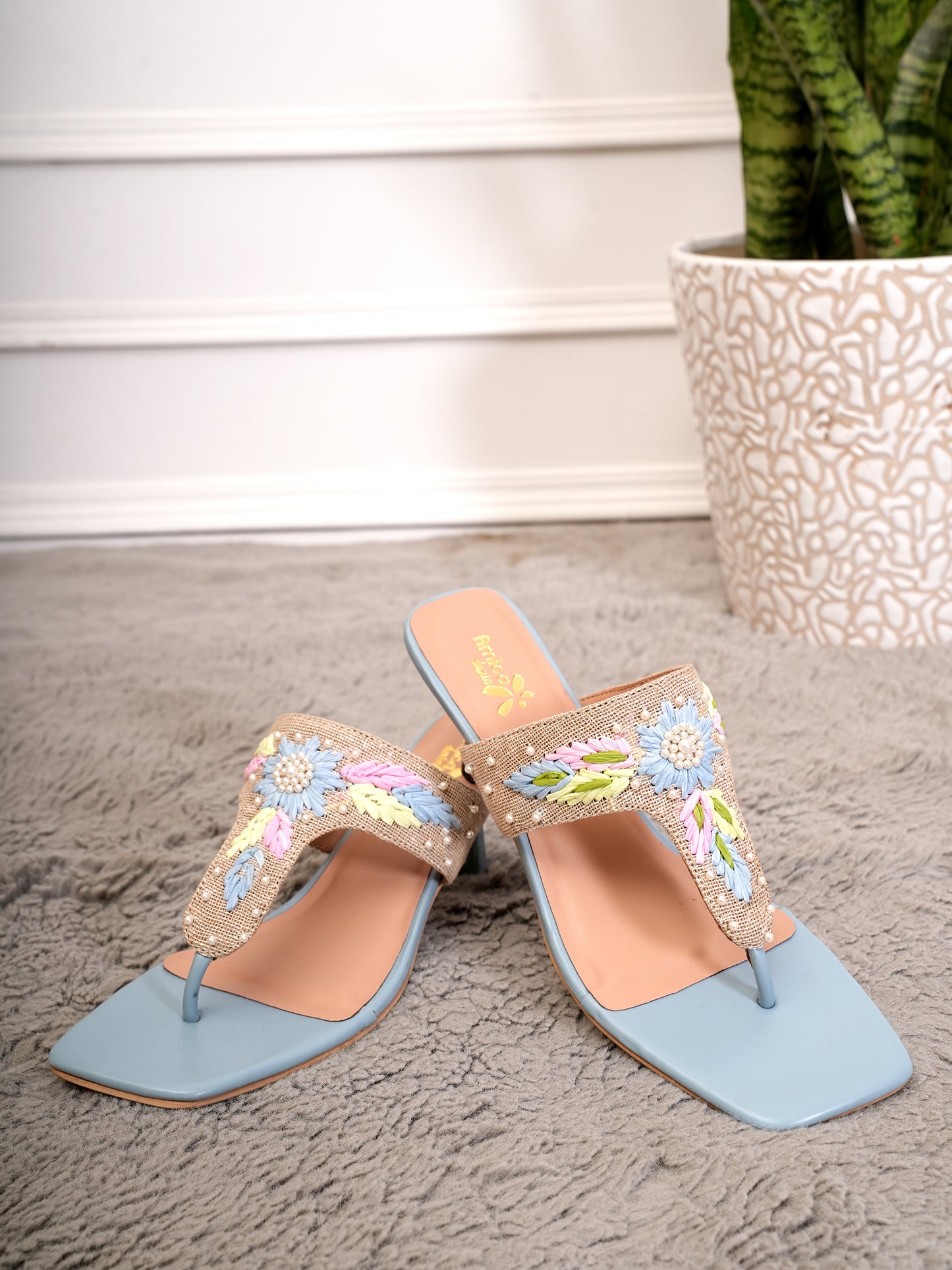 Women’s Blue Embroidered Ethnic Heeled Slip-On Sandals