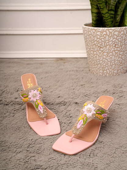 Women’s Pink Embroidered Ethnic Heeled Slip-On Sandals