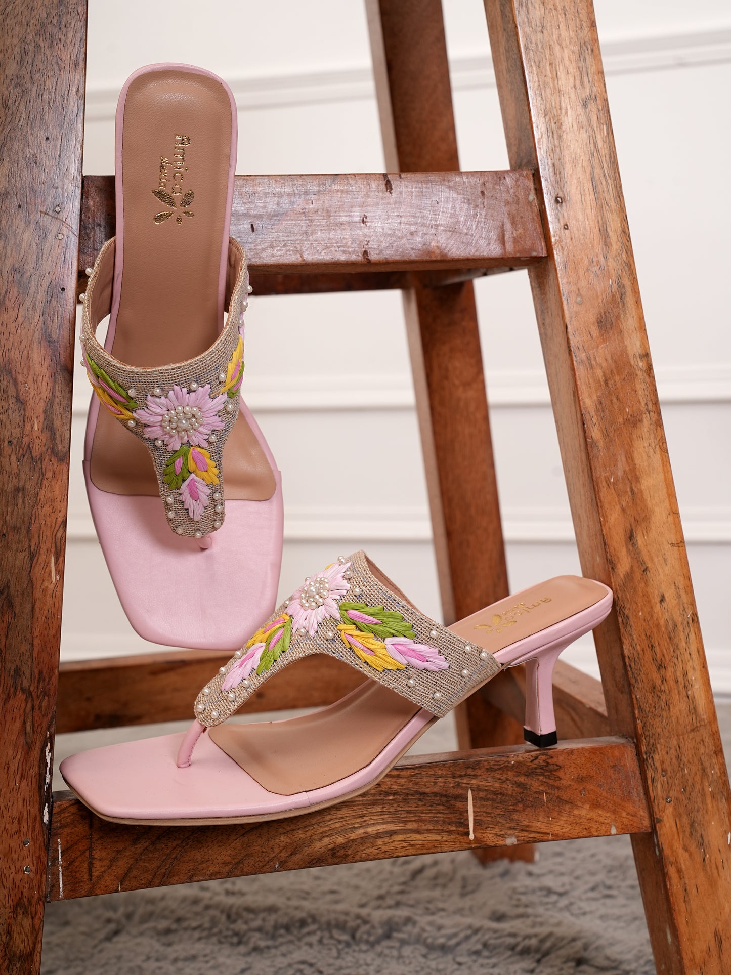 Women’s Pink Embroidered Ethnic Heeled Slip-On Sandals