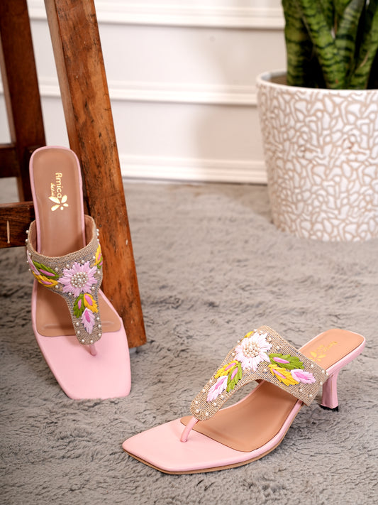 Women’s Pink Embroidered Ethnic Heeled Slip-On Sandals