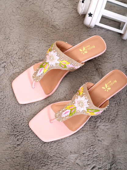 Women’s Pink Embroidered Ethnic Heeled Slip-On Sandals