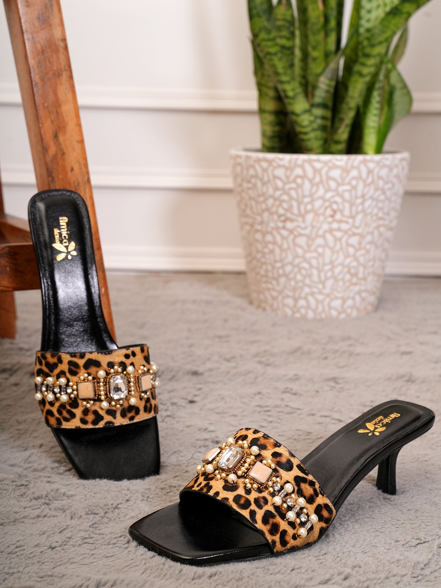 Amica Slexia Women’s Leopard Print Embellished Heels