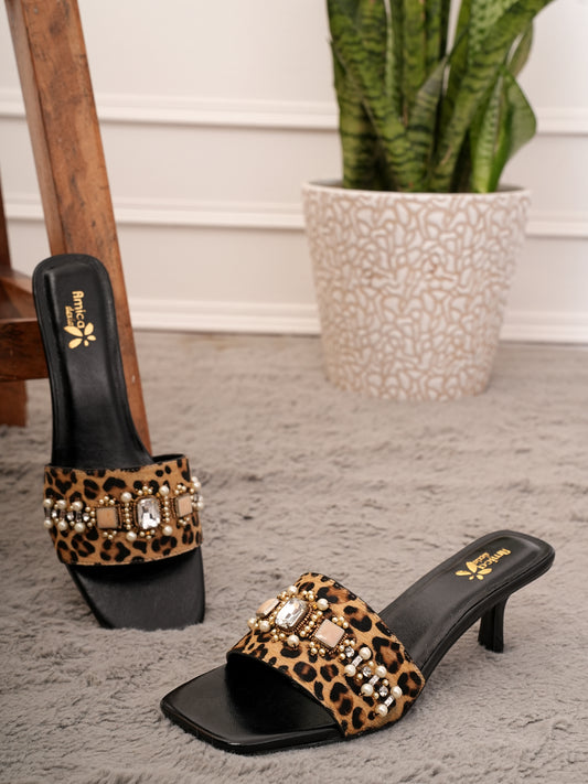 Amica Slexia Women’s Leopard Print Embellished Heels
