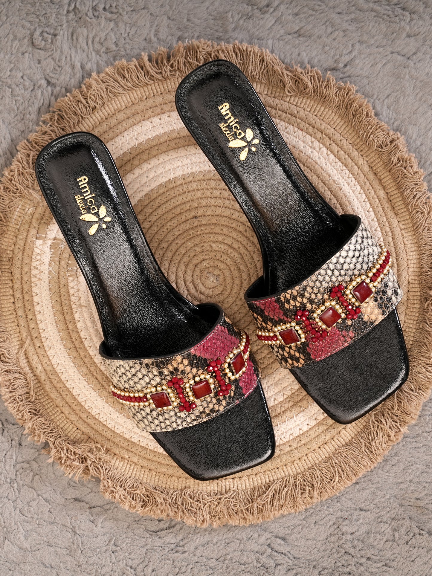 Women’s Red & Beige Snake Print Embellished Flats