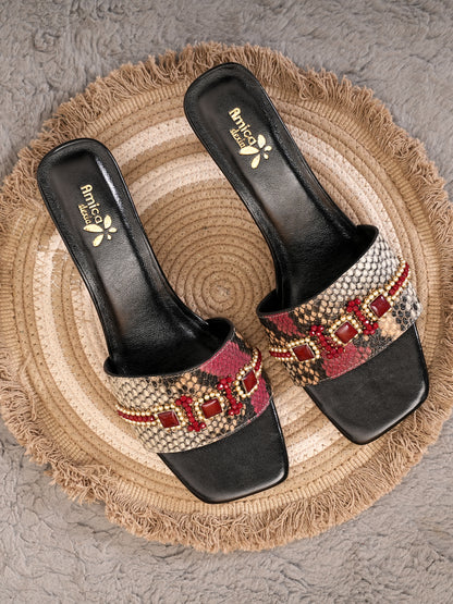 Women’s Red & Beige Snake Print Embellished Flats
