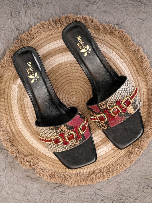 Women’s Red & Beige Snake Print Embellished Flats