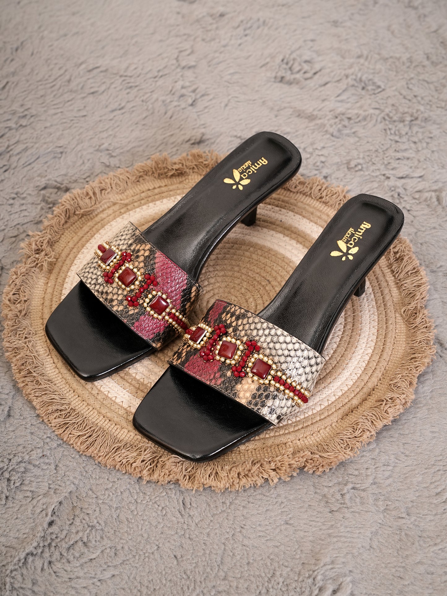 Women’s Red & Beige Snake Print Embellished Flats