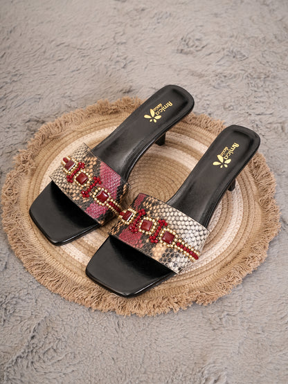 Women’s Red & Beige Snake Print Embellished Flats