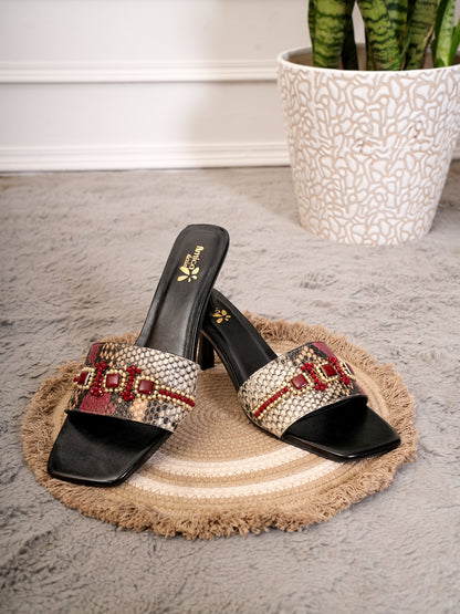 Women’s Red & Beige Snake Print Embellished Flats
