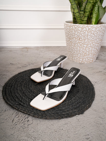 Women’s White Square-Toe Heeled Slip-On Sandals