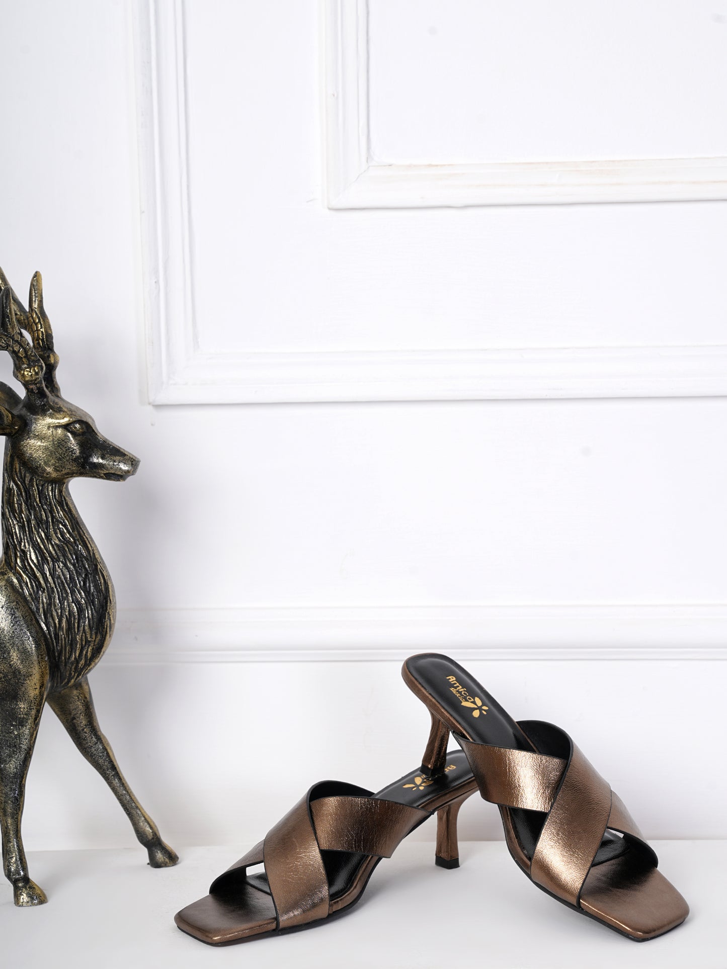 Metallic Bronze Cross Strap Heels with Matching Sling Bag