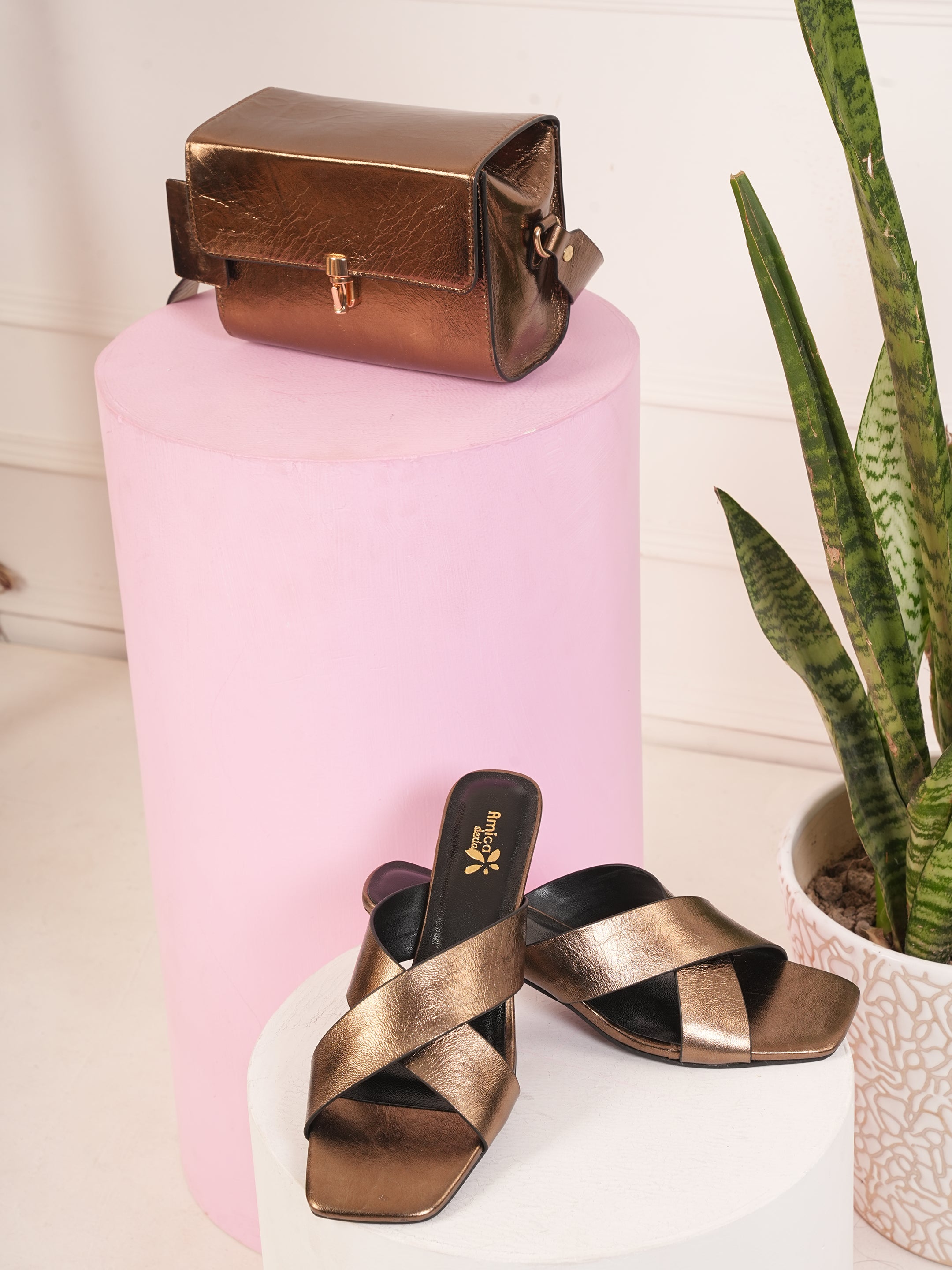 Metallic Bronze Cross Strap Heels with Matching Sling Bag