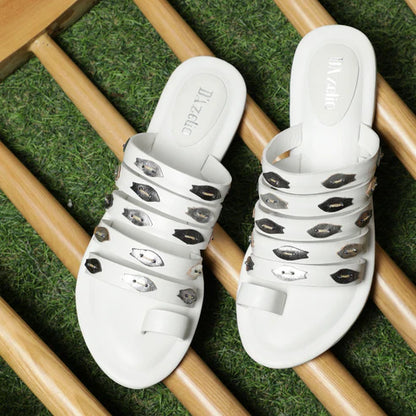 White Multi-Strap Flat Sandals with Metallic Detailing