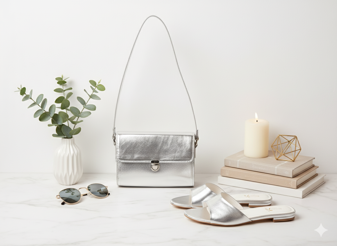 Women’s Silver Metallic Handbag & Slide Sandal Combo