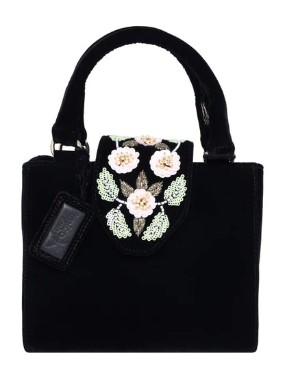 Black Velvet Heels & Matching Floral Embellished Handbag Set