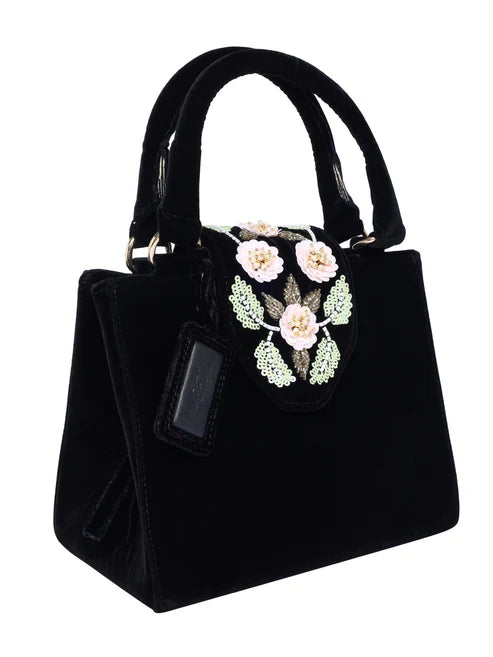 Black Velvet Heels & Matching Floral Embellished Handbag Set