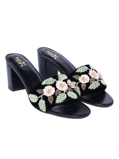 Black Velvet Heels & Matching Floral Embellished Handbag Set