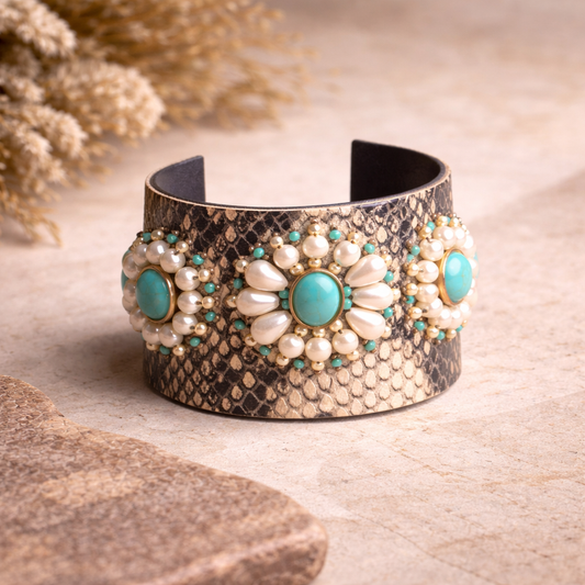 Handcrafted Textured Cuff Bangle with Pearl & Turquoise Floral Motif