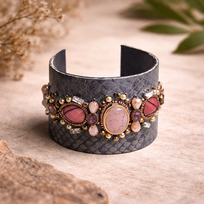 Grey Textured Cuff Bangle with Stone & Pearl Embellishments
