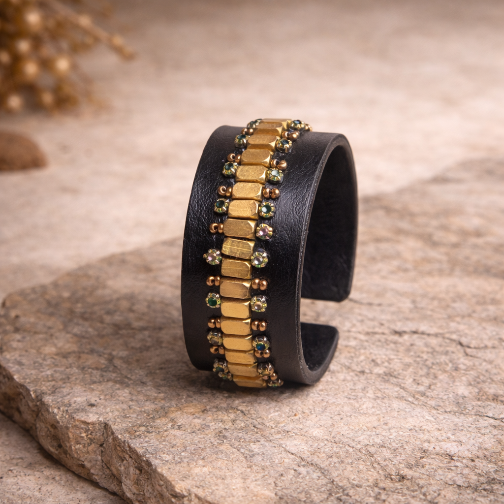 Handcrafted Black Cuff Bangle with Gold Beads & Green Stone Detailing